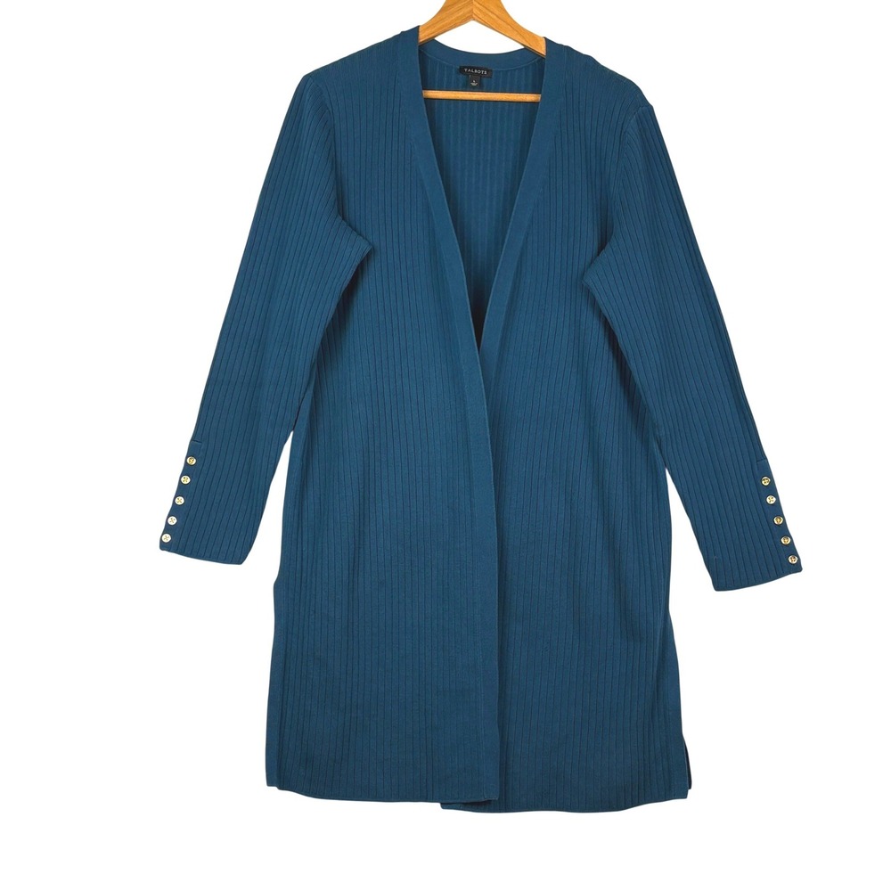 Talbots Women Open Front Longline Duster Cardigan L Teal Ribbed Layeringl Fall